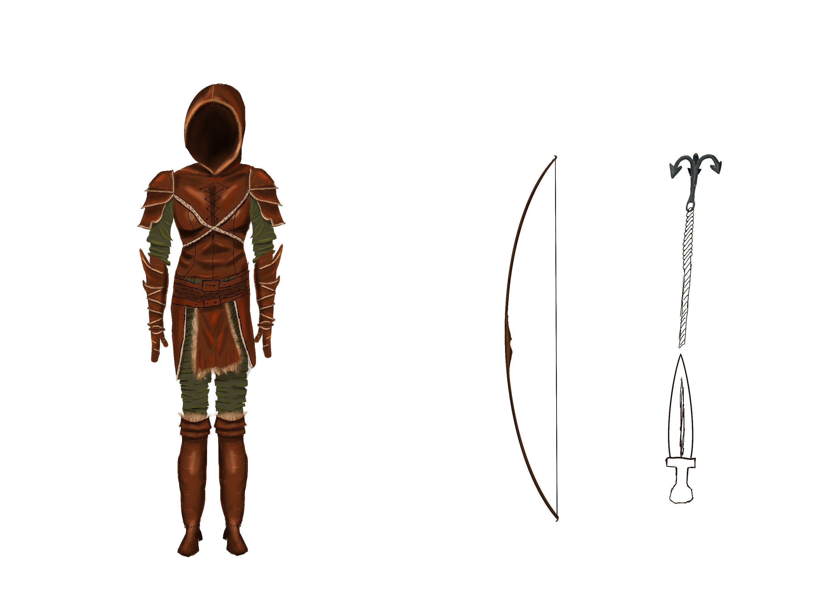 Hooded ranger figure in green and brown leather armour with a longbow and dagger