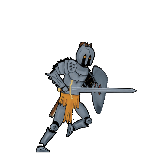 Animated knight in plate armour swinging a sword and shield
