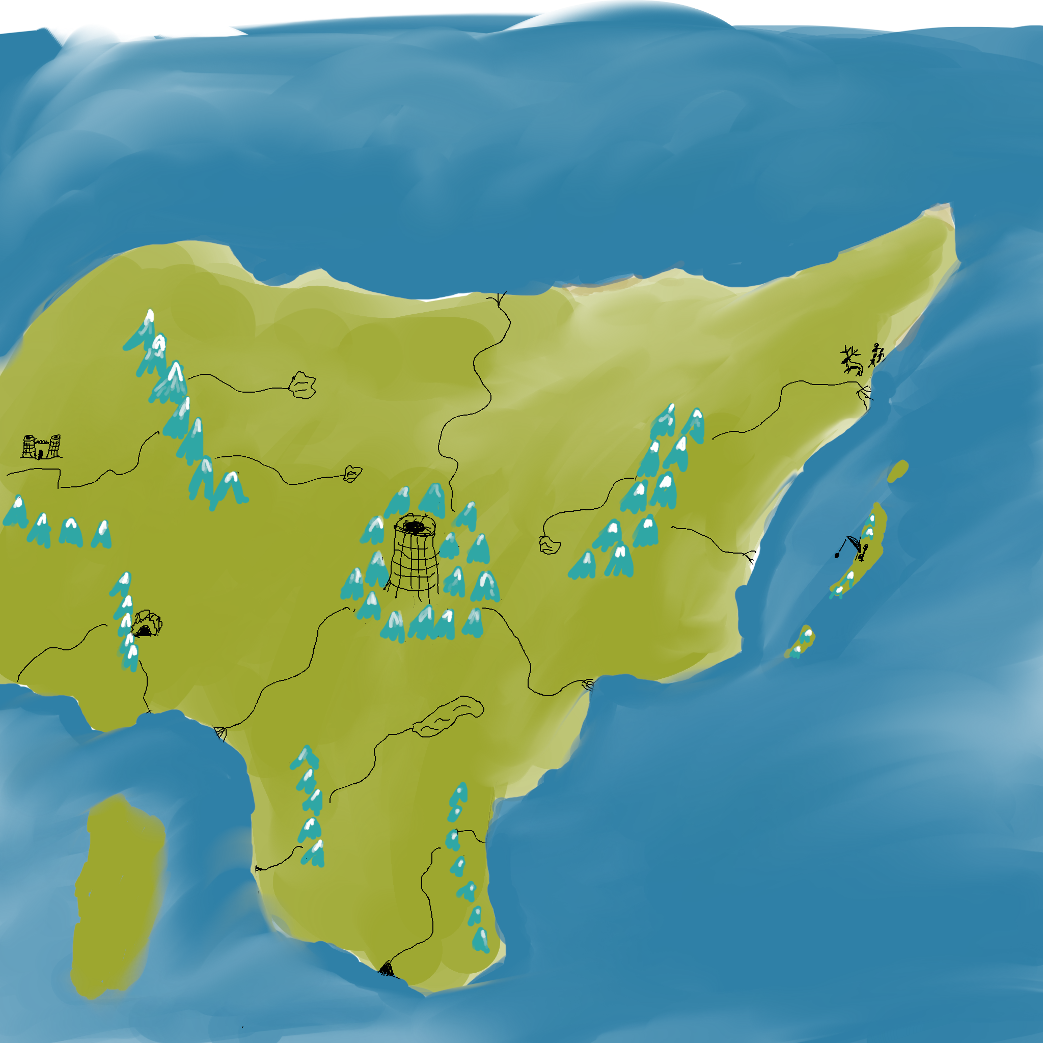 Hand-drawn world map sketch with mountain ranges, settlements, and a central pit